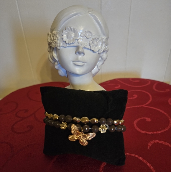 Blossom Jewelry - Gold and Brown Beaded Butterfly Charm Stretch Bracelet Set